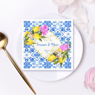 Blue tiles lemon Bougainvillea custom wedding Napkin