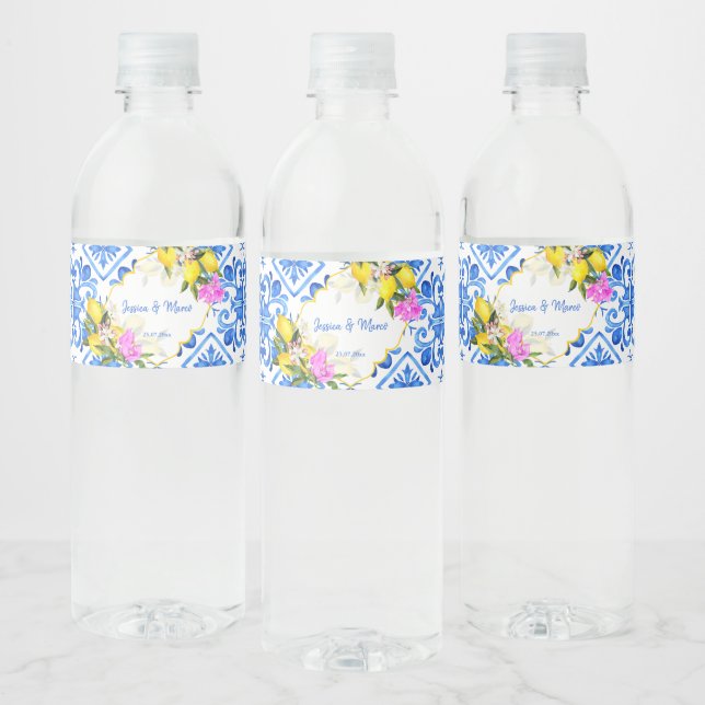 Blue tiles lemon Bougainvillea custom wedding Water Bottle Label (Bottles)