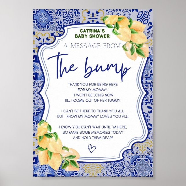 Blue Tiles Lemon Citrus Baby Shower Sign (Front)
