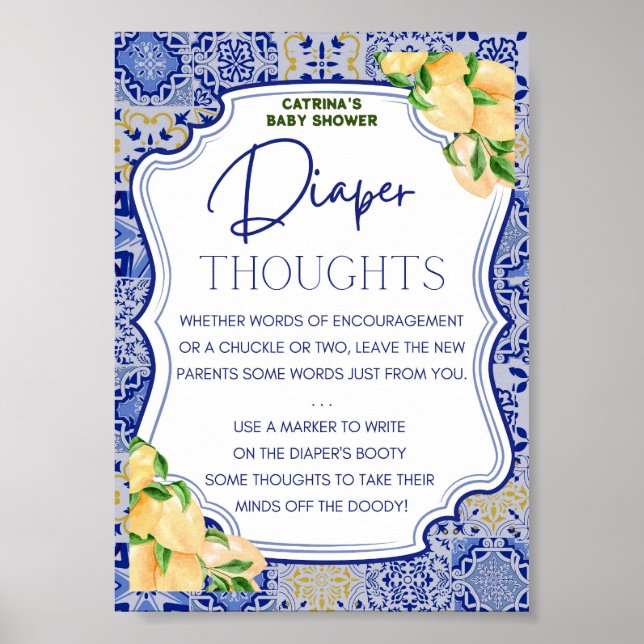 Blue Tiles Lemon Citrus Baby Shower Sign (Front)