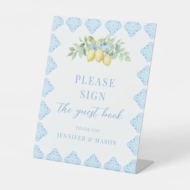 Blue Tiles Lemon Floral Guest Book Wedding Sign (Front)