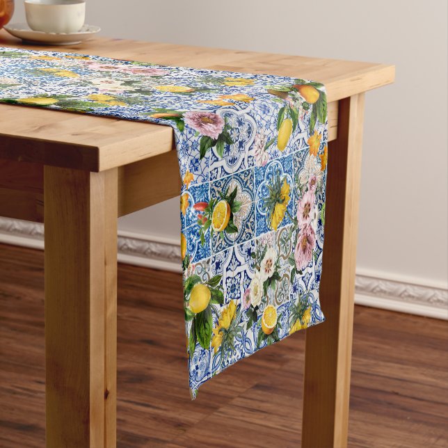 Blue tiles lemon Mediterranean Short Table Runner (In Situ)
