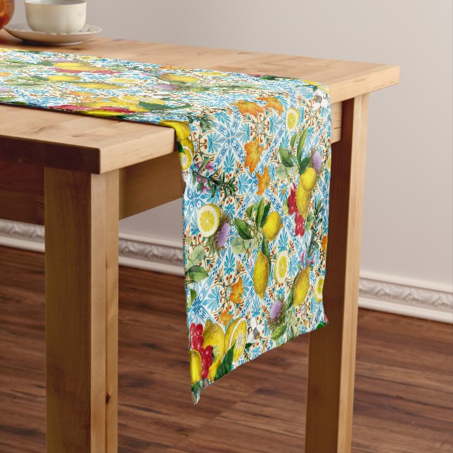 Blue tiles lemon Mediterranean Short Table Runner (In Situ)