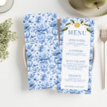Blue tiles lemon porcelain wedding menu cards<br><div class="desc">Indulge in sophistication with our elegant Italian Mediterranean themed wedding menu cards,  ideal for spring or summer celebrations. Each card showcases watercolor lemon branches on a boho arch,  complemented by a blue porcelain tiles inspired pattern,  adding a touch of timeless charm to your reception decor.</div>