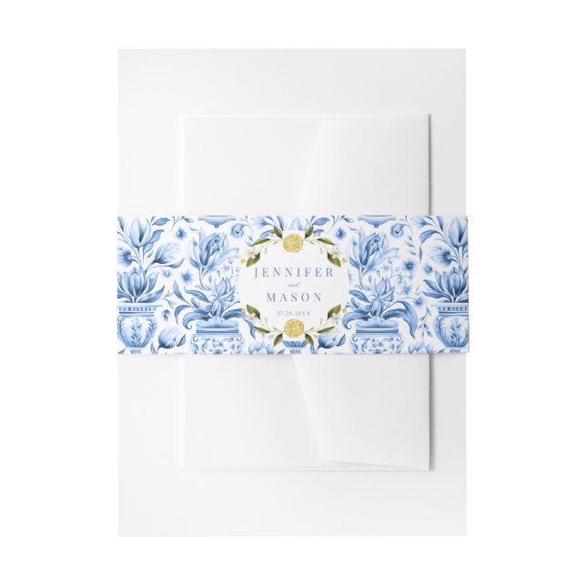 Blue tiles lemon wedding invitation belly band (Front Example)