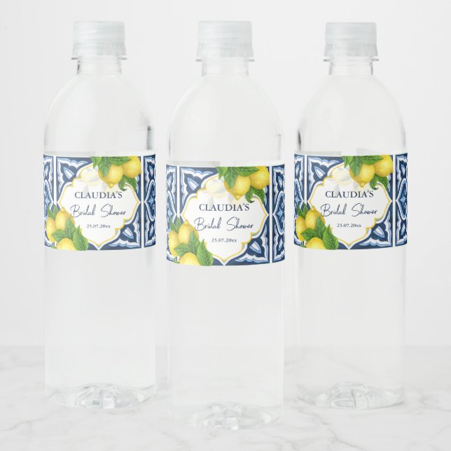 Blue tiles lemons Amalfi Italian bridal shower Water Bottle Label (Bottles)