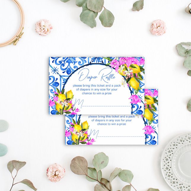 Blue Tiles Lemons Bougainvillea diaper raffle Enclosure Card (Blue Tiles Lemons Bougainvillea diaper raffle Enclosure Card Mediterranean baby shower raffle card)