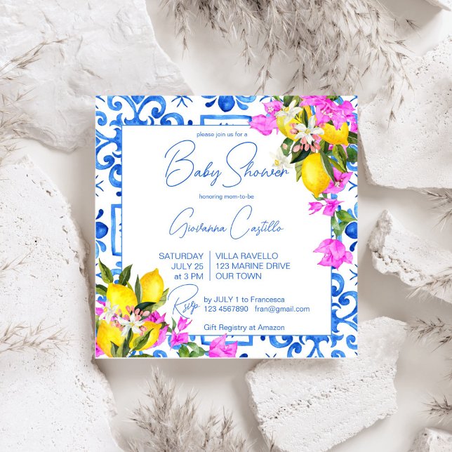 Blue Tiles Lemons Bougainvillea Mediterranean Invitation (Blue Tiles Lemons Bougainvillea Mediterranean Italian Green baby shower Invitation template digital)
