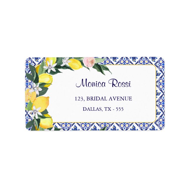 Blue Tiles Lemons Bridal Shower Return Address Label (Front)