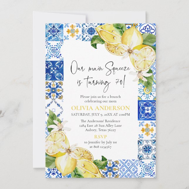 Blue Tiles Lemons Italian 70th Birthday Party Invitation (Front)
