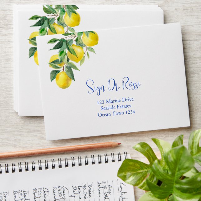 Blue tiles lemons Italian addressed envelopes (Stacked)