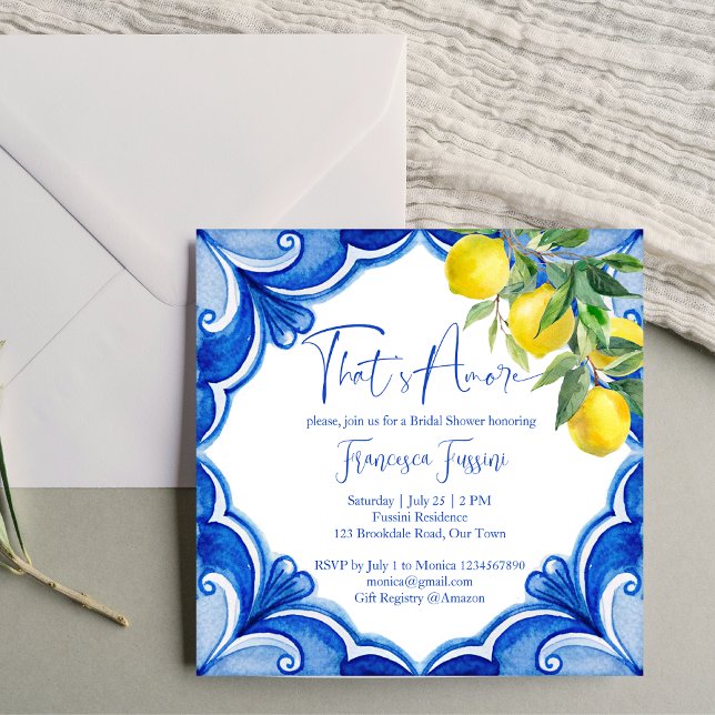 Blue tiles lemons Italian bridal shower Invitation (Blue tiles lemons Italian bridal shower Invitation template instant download Maiolica citrus invites)