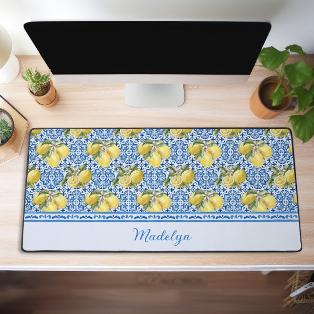 Blue Tiles Lemons Mediterranean Pattern Name Desk Mat (Creator Uploaded)