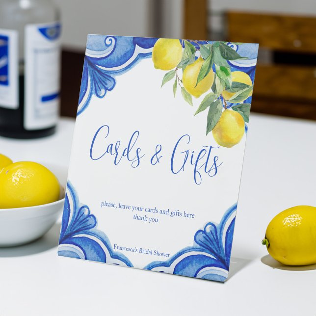 Blue tiles lemons that's amore bridal shower gifts pedestal sign (Blue tiles lemons that's amore bridal shower gifts and cards table pedestal sign personalized decor)