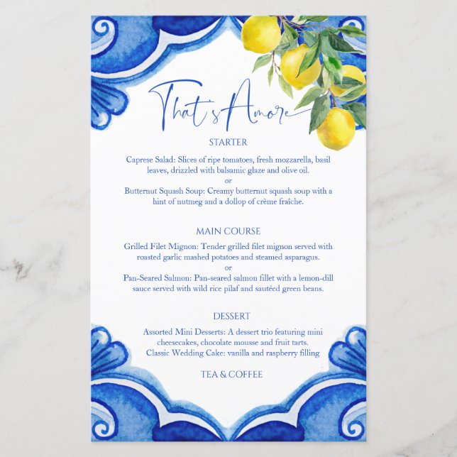 Blue tiles lemons vintage Italian menu card (Front)