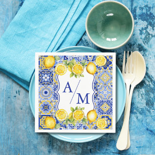 Blue tiles Lemons Wedding Napkin