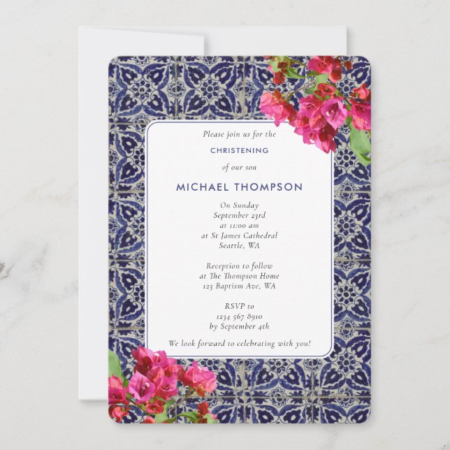 Blue Tiles Mediterranean Bougainvillea Baptism  Invitation (Front)