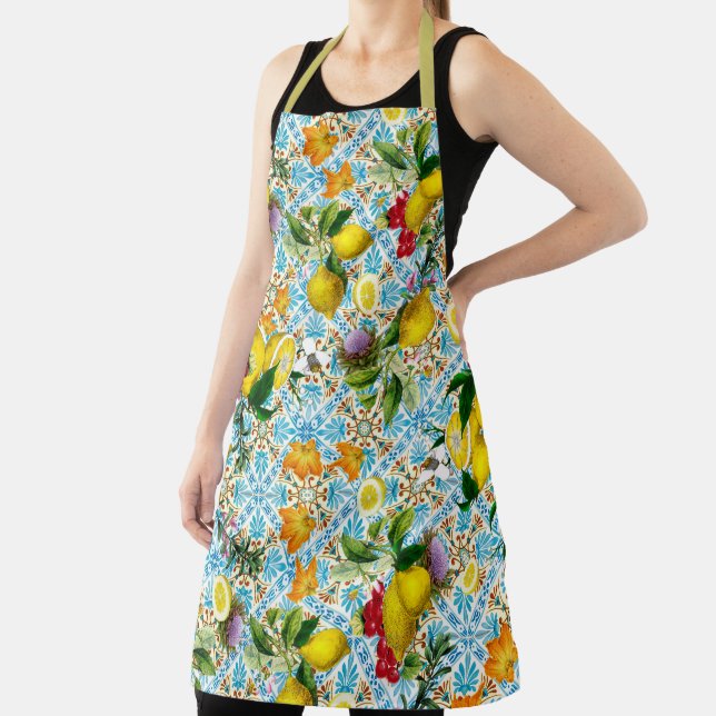 Blue tiles Mediterranean Floral  Apron (Insitu)