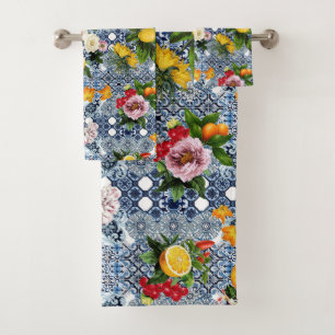 Blue tiles Mediterranean Floral  Bath Towel Set