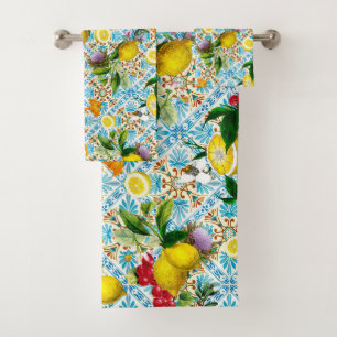 Blue tiles Mediterranean Floral Bath Towel Set