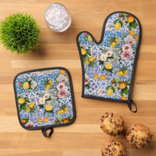 Blue tiles Mediterranean Floral  Oven Mitt & Pot Holder Set