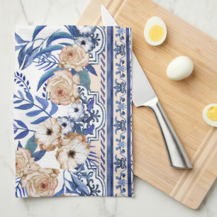 Blue tiles Mediterranean Floral Tea Towel