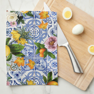 Blue tiles Mediterranean Floral Tea Towel