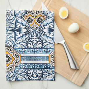 Blue tiles Mediterranean Floral Tea Towel