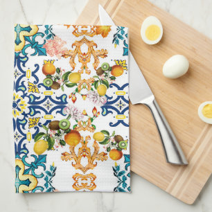 Blue tiles Mediterranean Floral Tea Towel