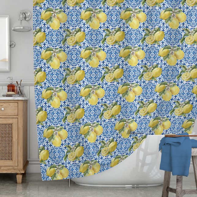 Blue Tiles Mediterranean Lemon Pattern Shower Curtain (Creator Uploaded)