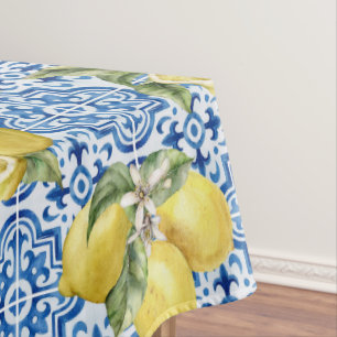 Blue Tiles Mediterranean Lemon Pattern Tablecloth