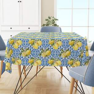 Blue Tiles Mediterranean Lemon Pattern Tablecloth