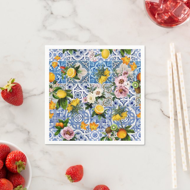 Blue Tiles Mediterranean Pattern Paper Napkin (Insitu)