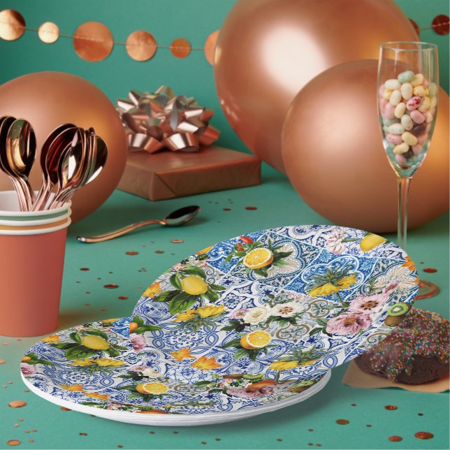 Blue Tiles Mediterranean Pattern Paper Plate (Multi)