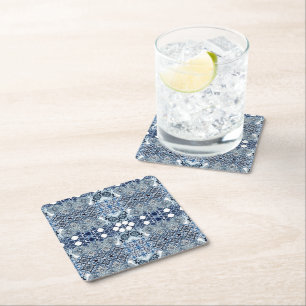 Blue Tiles Mediterranean Pattern  Square Paper Coaster