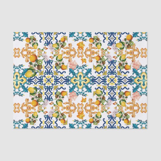 Blue Tiles Mediterranean Pattern Tissue Paper (Front)