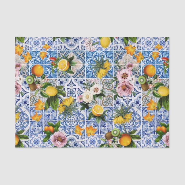 Blue Tiles Mediterranean Pattern Tissue Paper (Front)