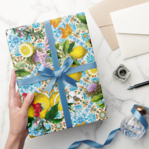 Blue Tiles Mediterranean Pattern Wrapping Paper