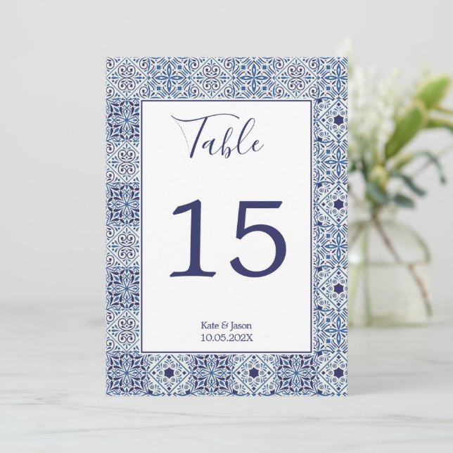 Blue tiles Personalised wedding Table Number (Standing Front)