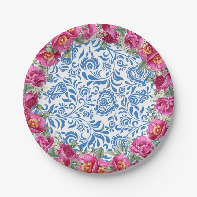 Blue Tiles Pink Flower Mediterranean Party Paper Plate (Front)