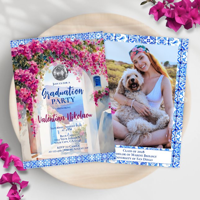 Blue Tiles Pink Flowers Disco Graduation Party Invitation (Creator Uploaded)