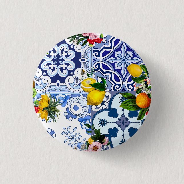 Blue tiles,Sicilian,majolica, mosaic art ,lemon  3 Cm Round Badge (Front)