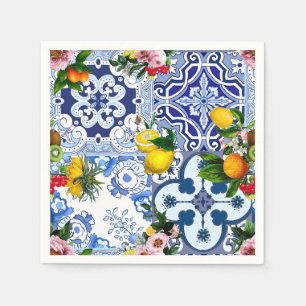 Blue tiles,Sicilian,majolica, mosaic art ,lemon  Napkin