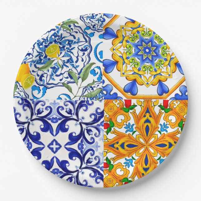 Blue tiles,Sicilian,majolica, mosaic art ,lemon  Paper Plate (Front)