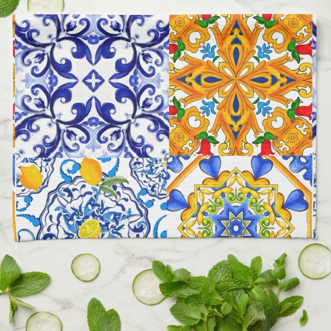 Blue tiles,Sicilian,majolica, mosaic art ,lemon  Tea Towel (Folded)