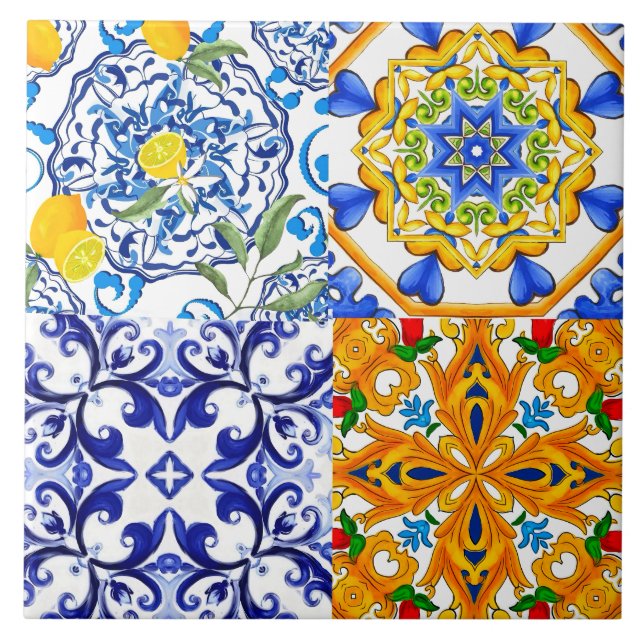 Blue tiles,Sicilian,majolica, mosaic art ,lemon  Tile (Front)