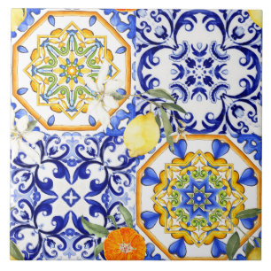 Blue tiles,Sicilian,majolica, mosaic art ,lemon  Tile