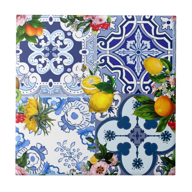 Blue tiles,Sicilian,majolica, mosaic art ,lemon  Tile (Front)
