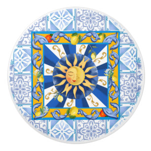 Blue tiles,Sicilian sun,mosaic,majolica,lemon, Ceramic Knob