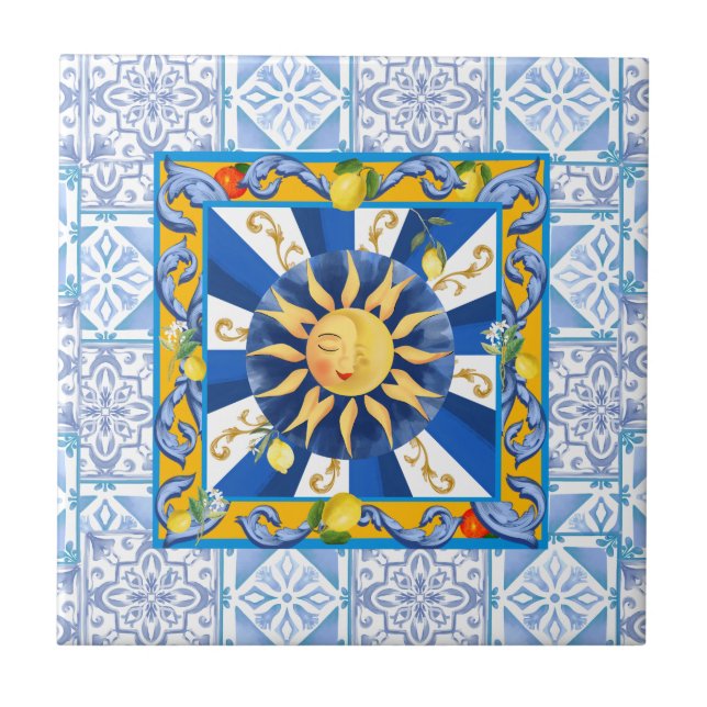 Blue tiles,Sicilian sun,mosaic,majolica,lemon, Tile (Front)